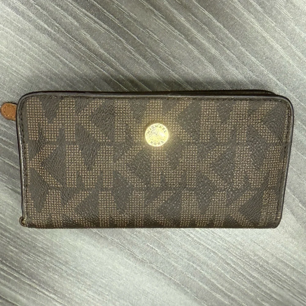 Michael Kors Brown and Tan Logo Wallet with Gold Accents
